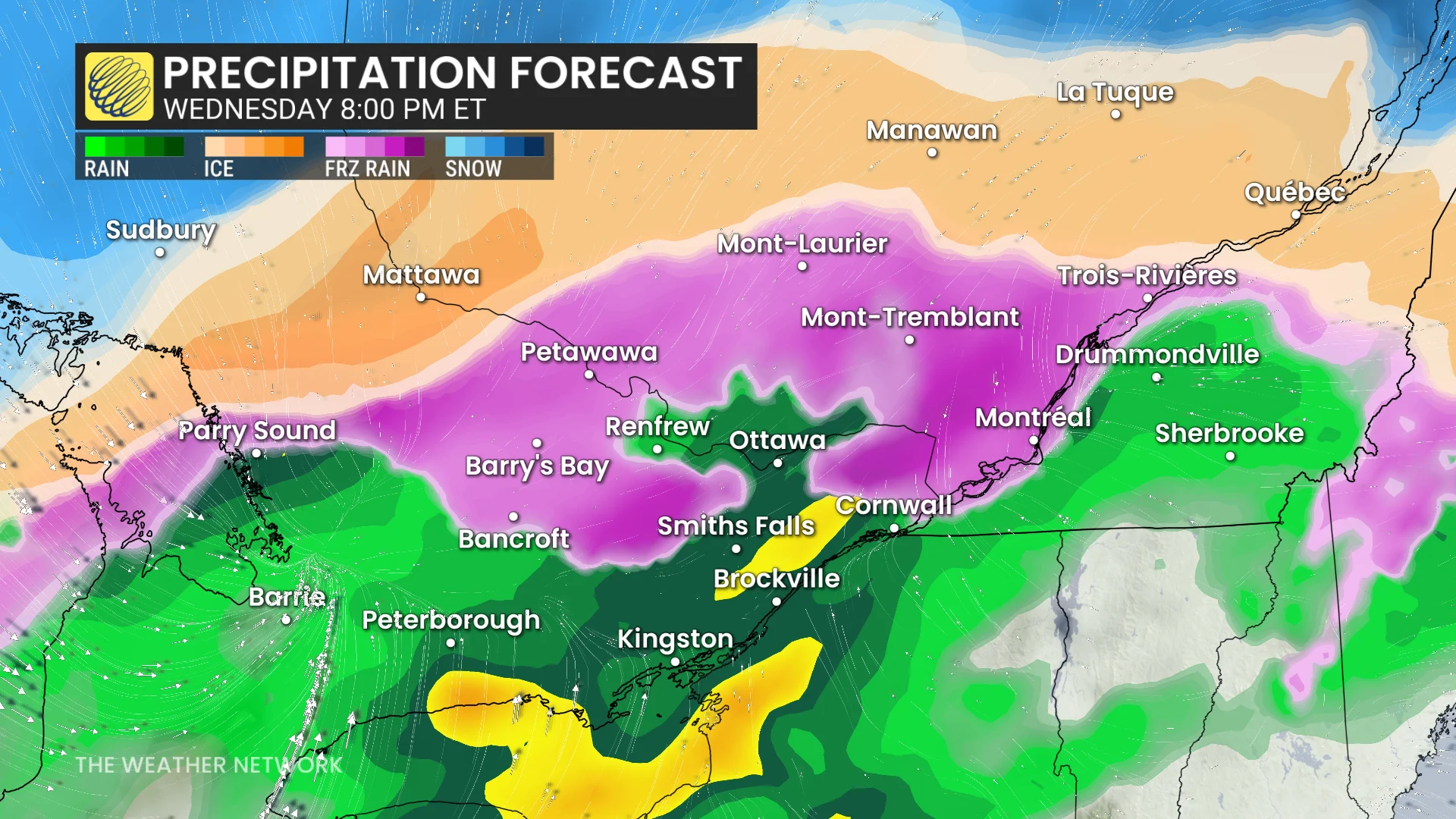 Ontario precipitation timing Wednesday evening
