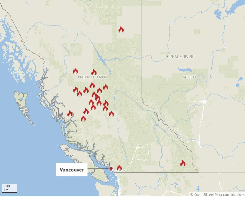 CBC: Fires of note throughout B.C. on July 19. Source: B.C. Wildfire Service (Akshay Kulkani/CBC)
