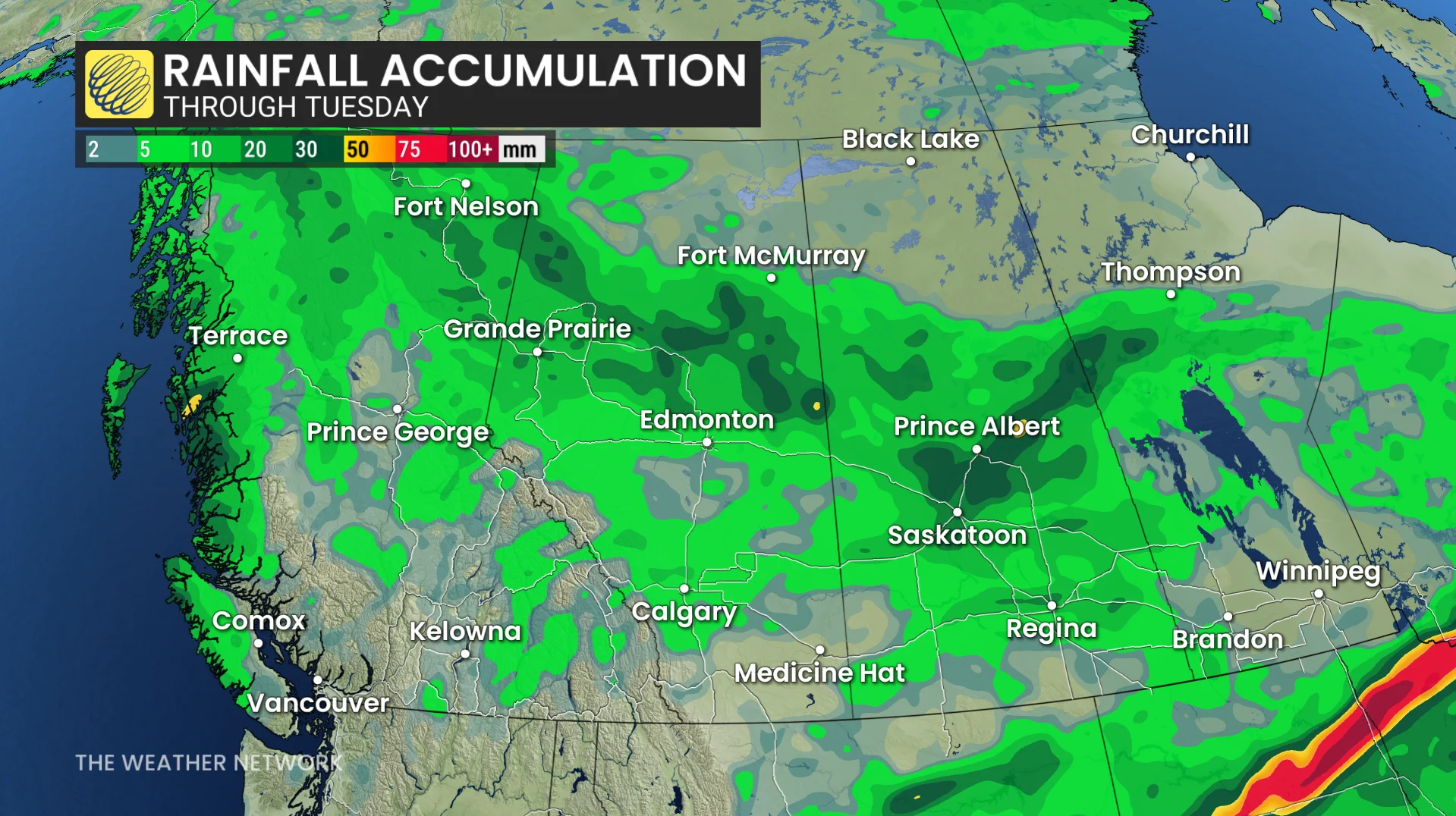Prairies rainfall through Tuesday