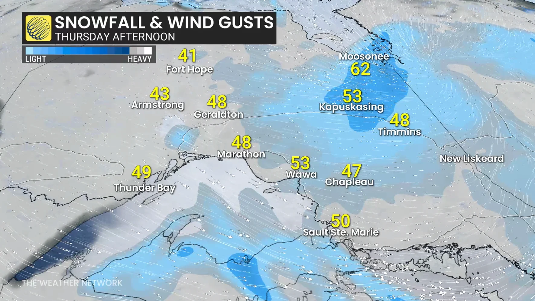 Snowfall and wind gusts Thursday afternoon northern Ontario