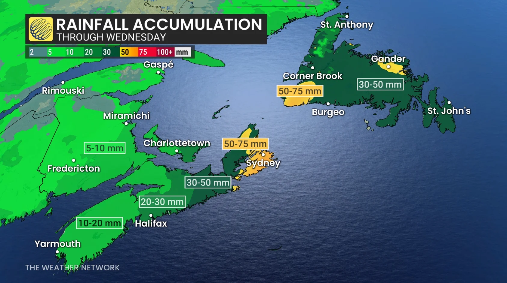 Atlantic Canada rainfall accumulation through Wednesday