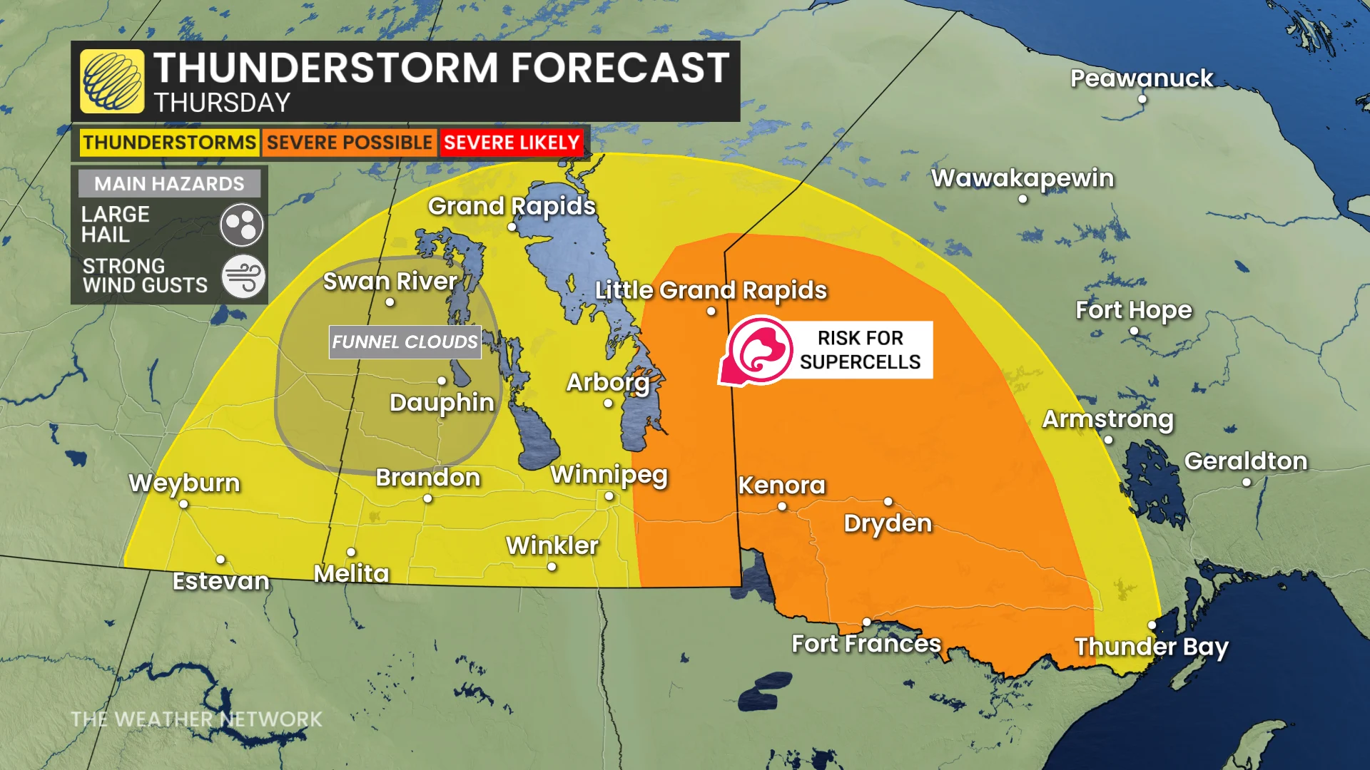 Baron - Thursday thunderstorm risk Prairies - northern Ontario - April 23