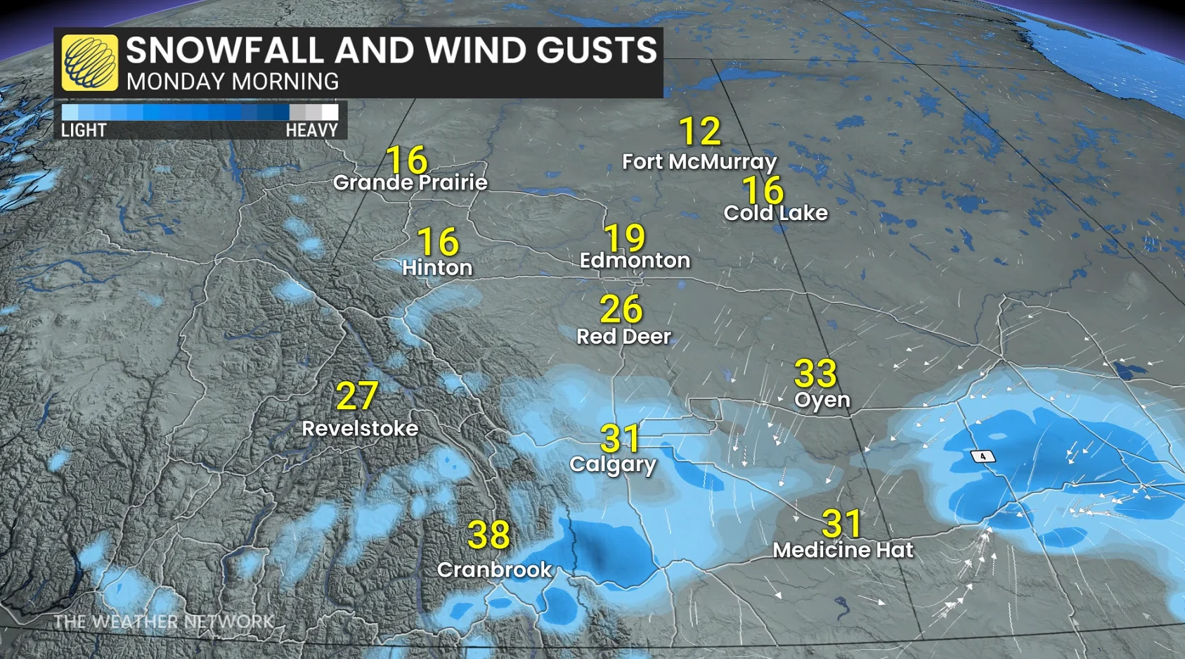 Alberta snow and wind gusts Monday morning