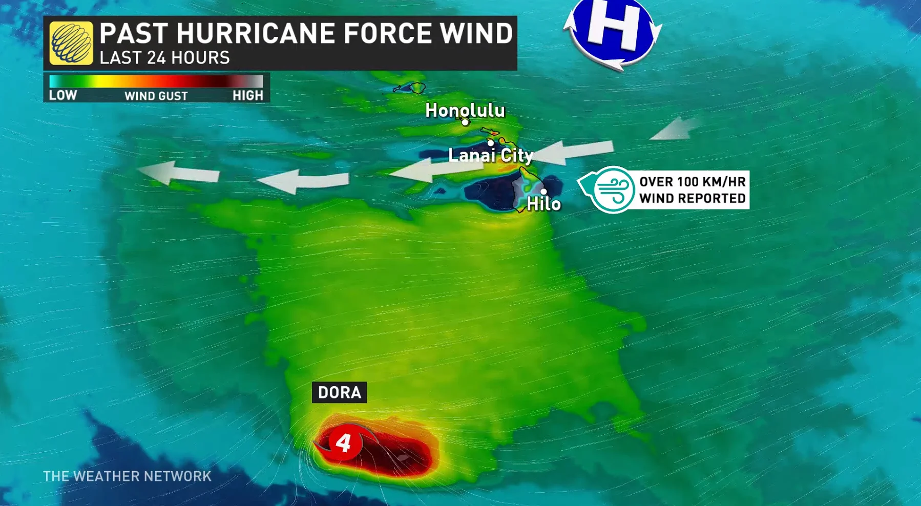 Winds passing over Hawaii from Hurricane Dora Aug 9 2023