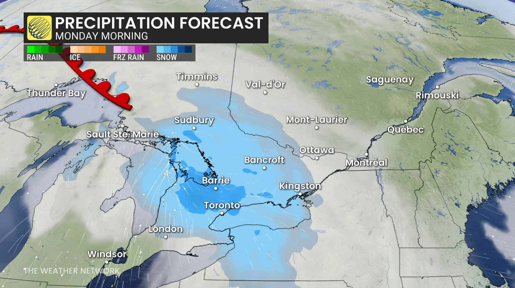 Ontario precipitation timing Monday morning