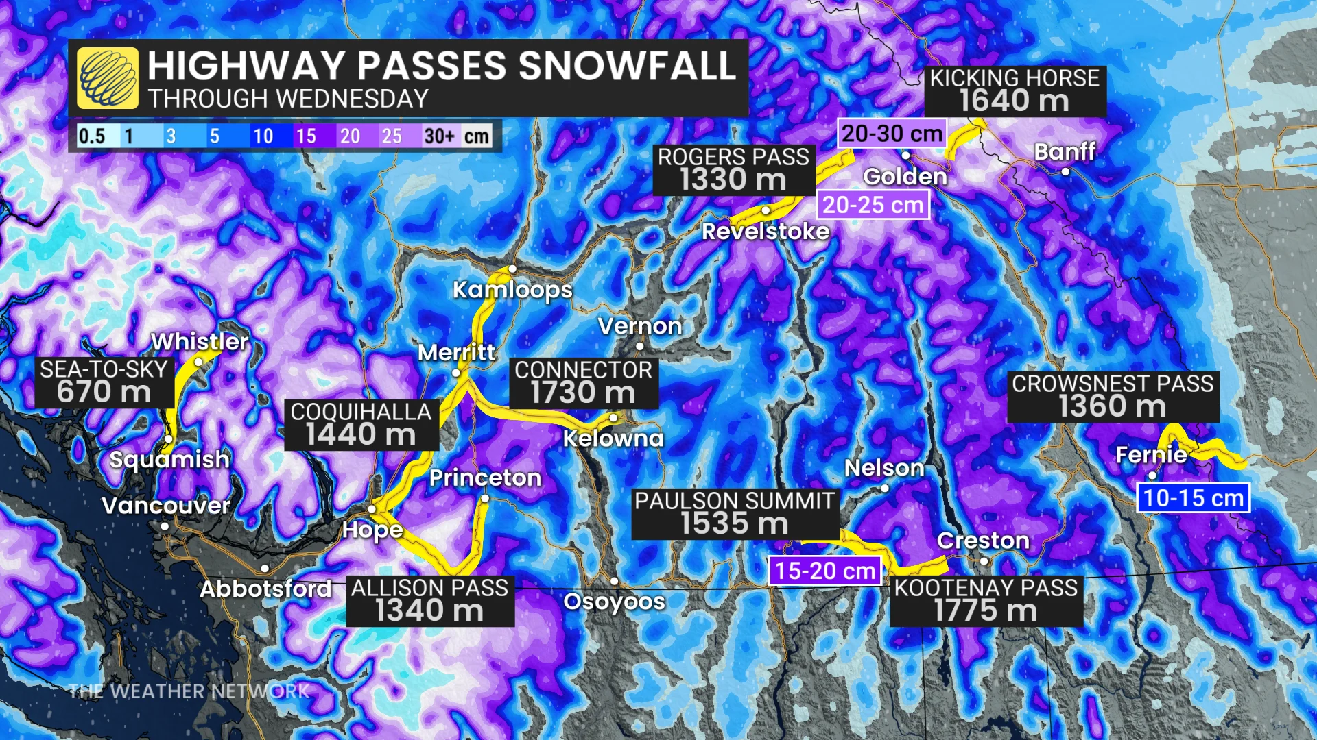 Baron - BC highway pass snowfall through Wednesday - Mar 24