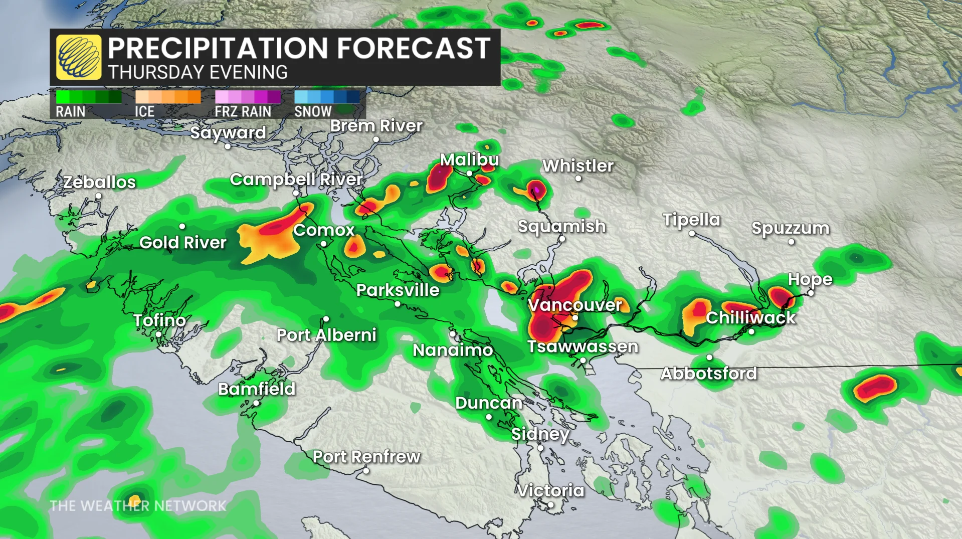 B.C. precipitation timing Thursday evening