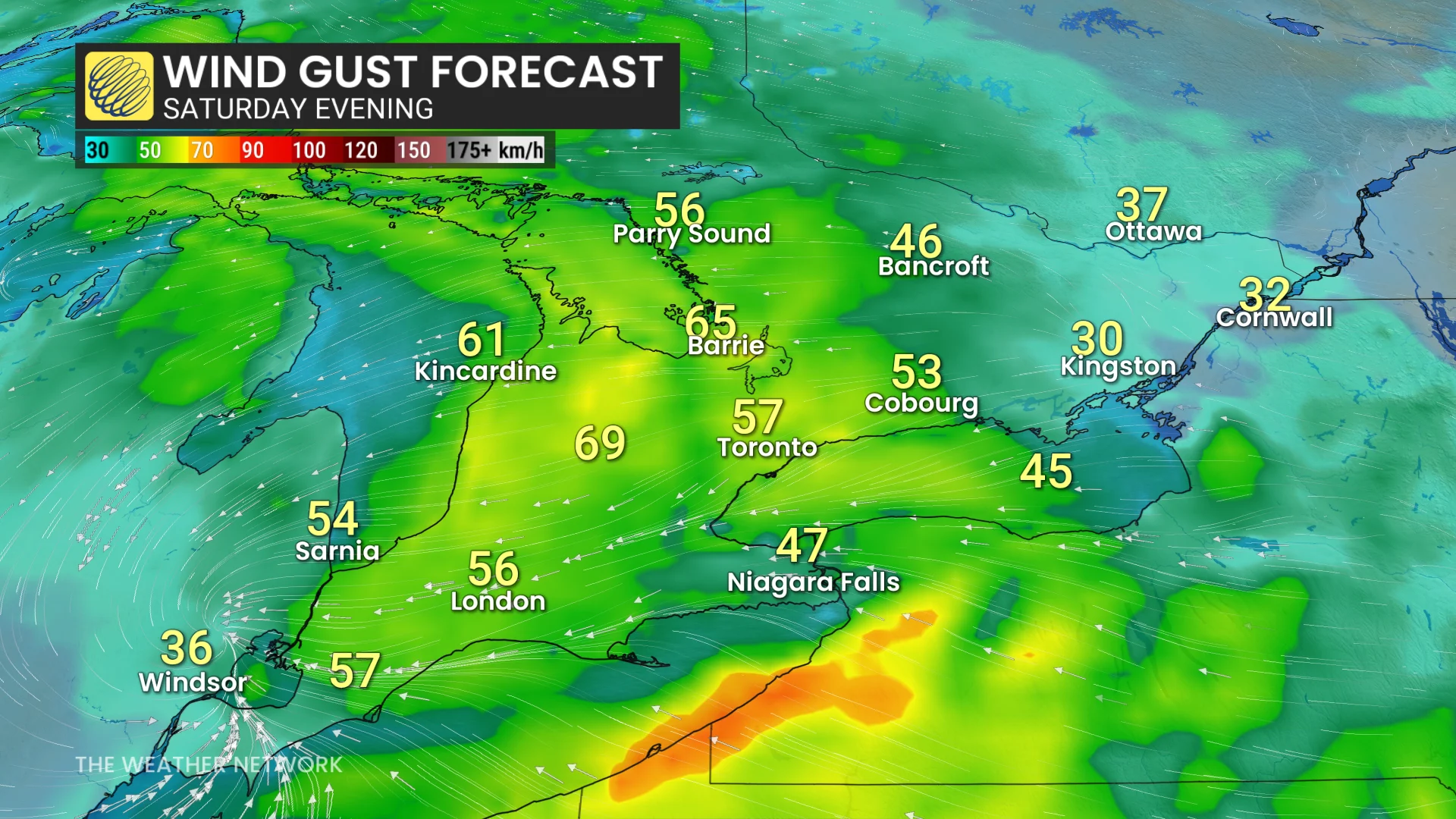 Ontario Saturday evening forecast wind gusts - May 23, 2026