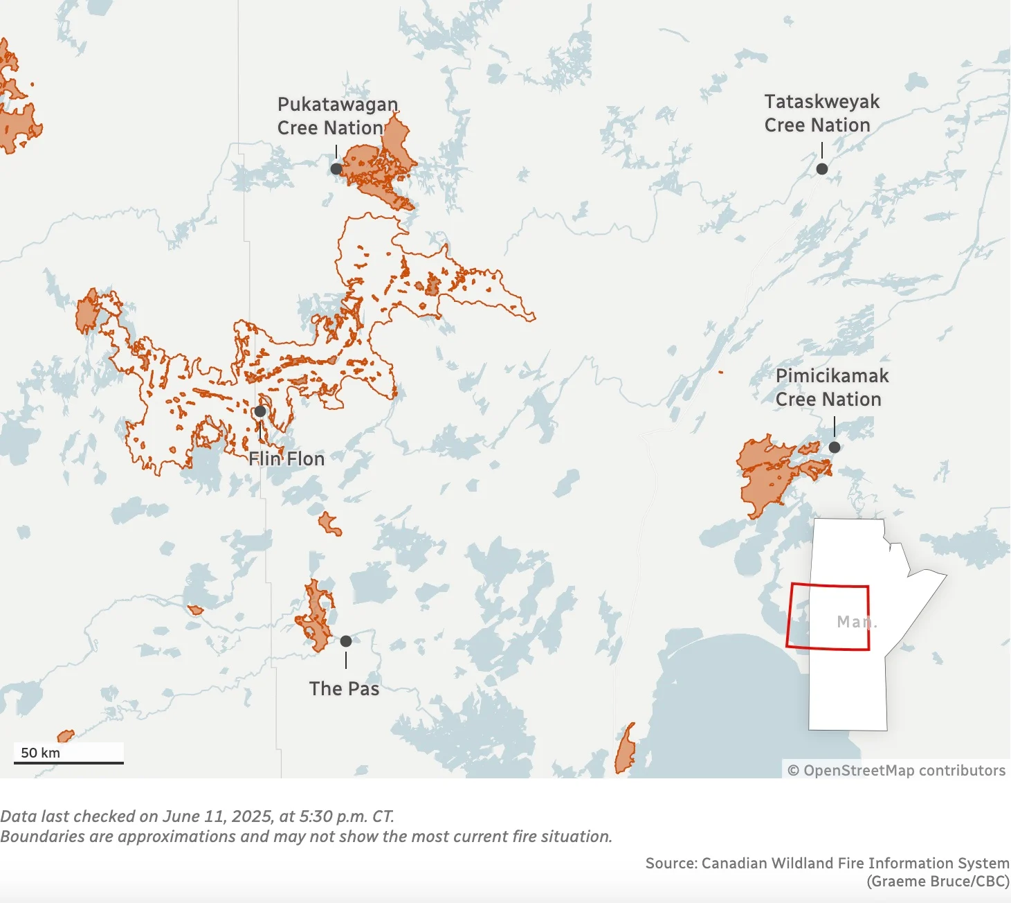 Manitoba wildfire boundaries/Canadian Wildland Fire Information System (Graeme Bruce/CBC)