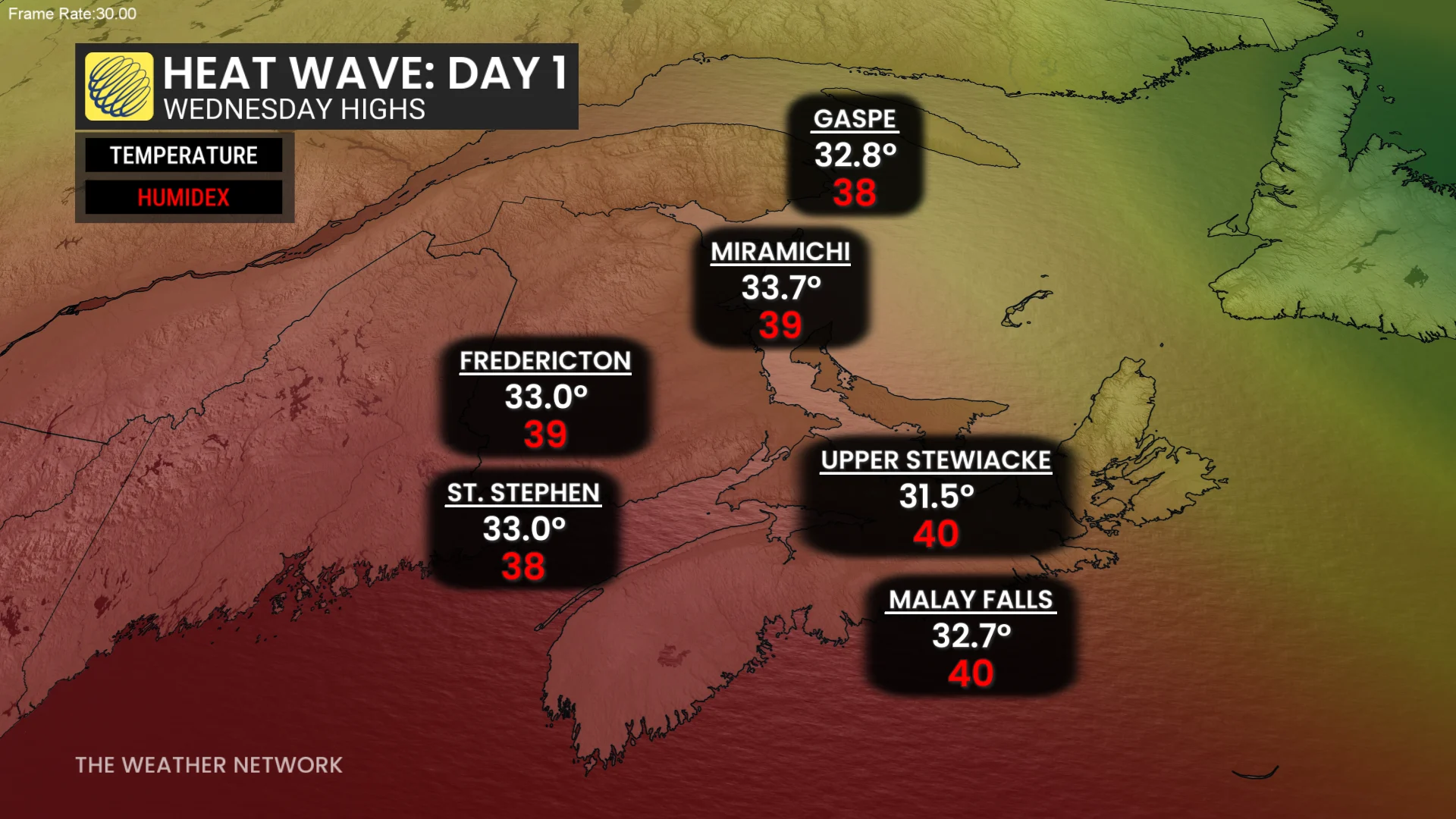 Maritimes heat wave Day 1 (Wednesday temperatures)