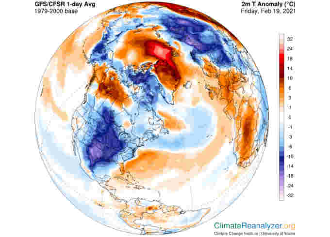 Surface 2m Temperature Feb192021 Climate Reanalyzer UMaine