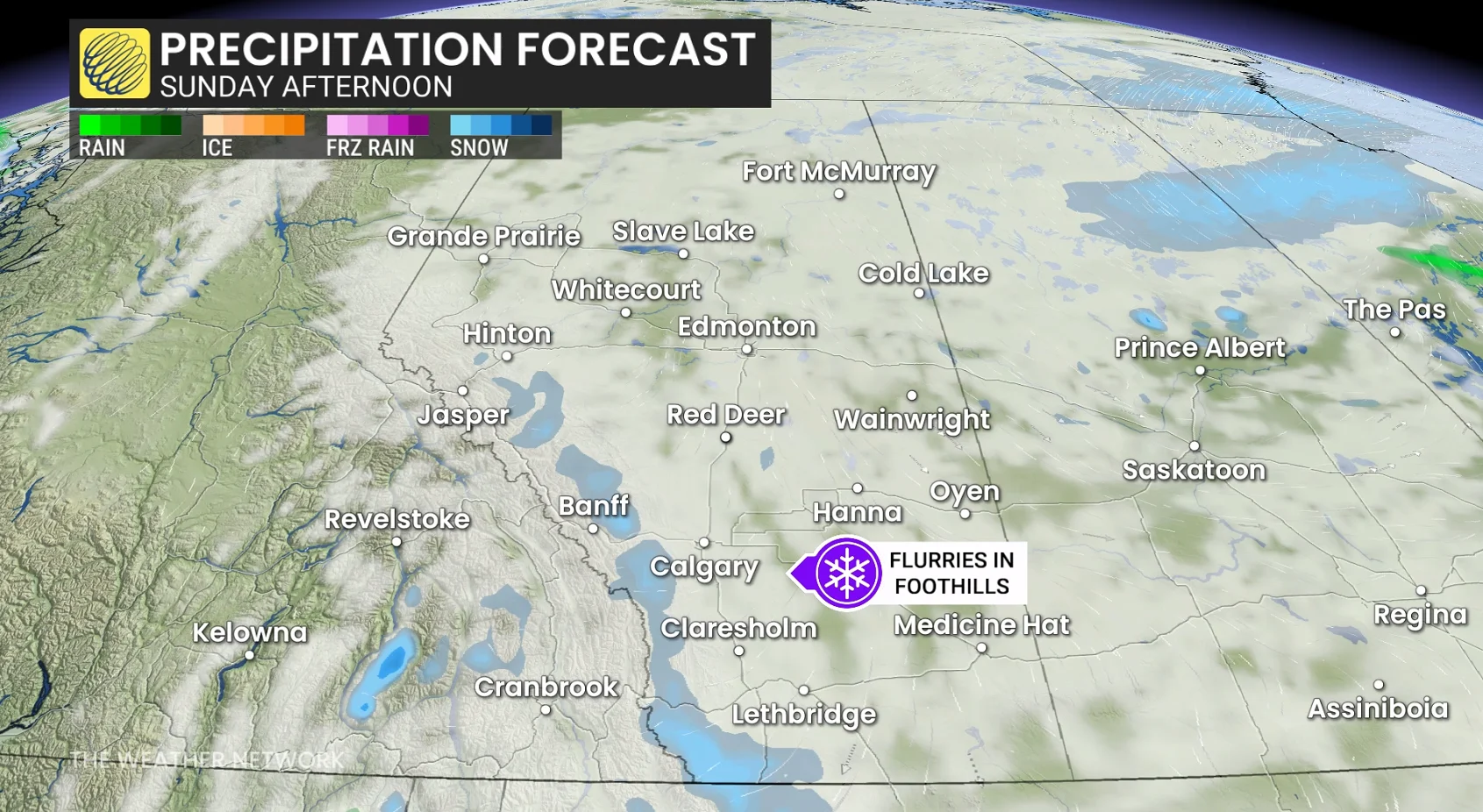 Alberta precipitation timing Sunday afternoon