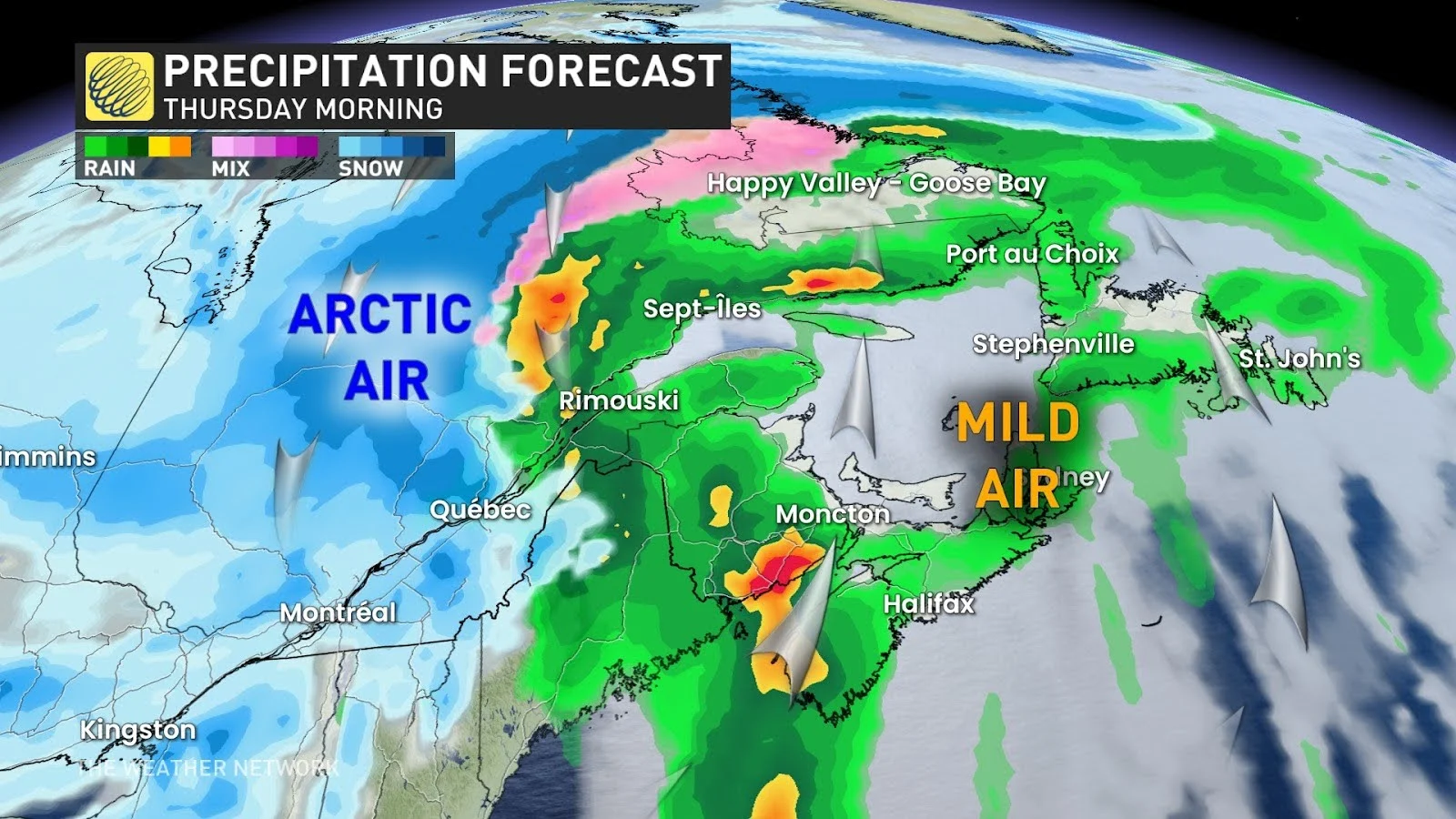 Eastern Canada Thursday morning precipitation and air masses - Dec. 9, 2024