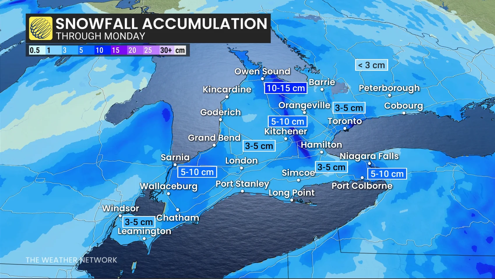 Ontario snowfall through Monday
