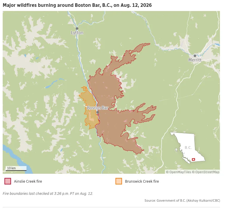 CBC - Major wildfire burning around Boston Bar BC - Aug 12