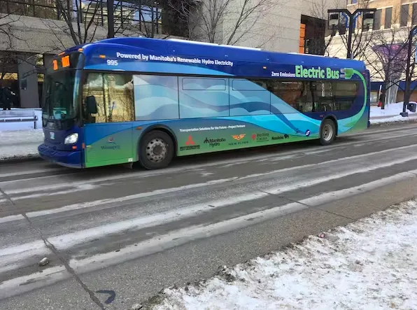 A second-generation New Flyer electric transit bus in Winnipeg in February 2017. (Robert Parsons), Author provided
