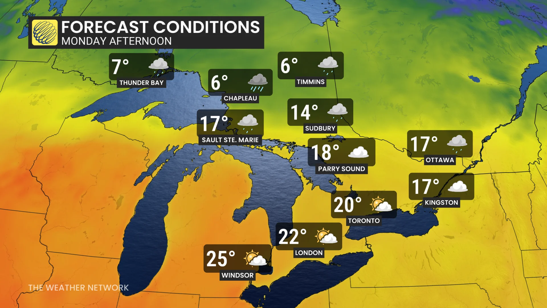Ontario Monday temperatures and icons