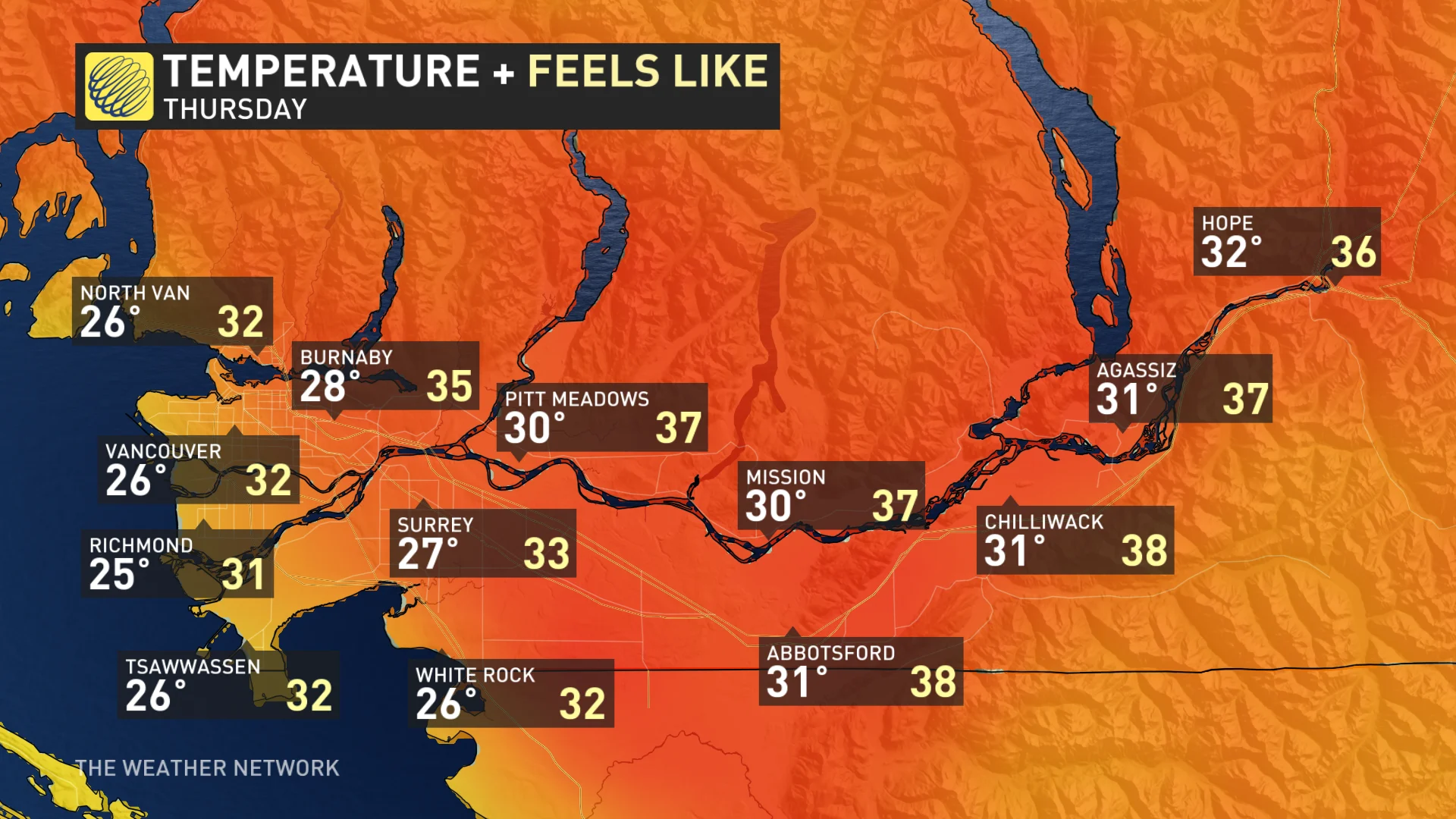 B.C. South Coast and Interior temperatures +feels-like for Thursday