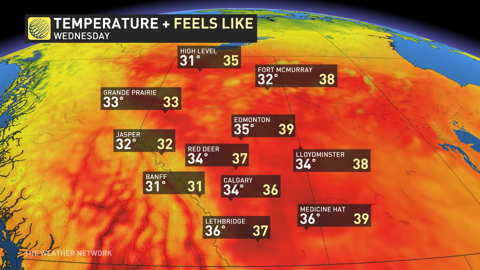 Alberta temperatures and feels like Wednesday_July 9