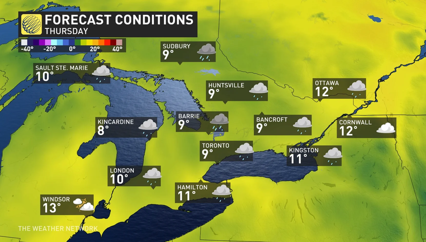 Ontario temperatures and forecast conditions Thursday