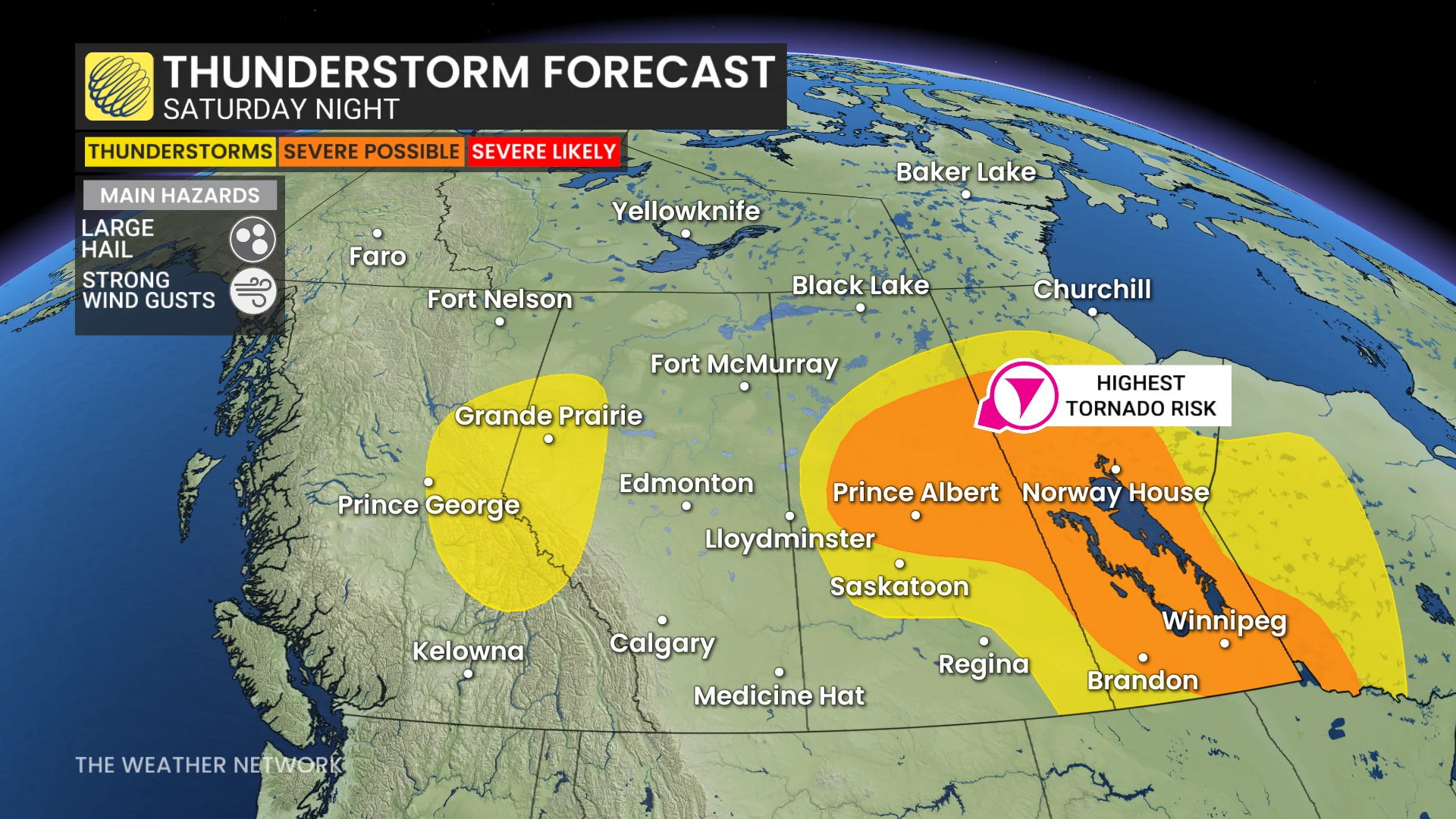 Prairies storm risk map Saturday overnight