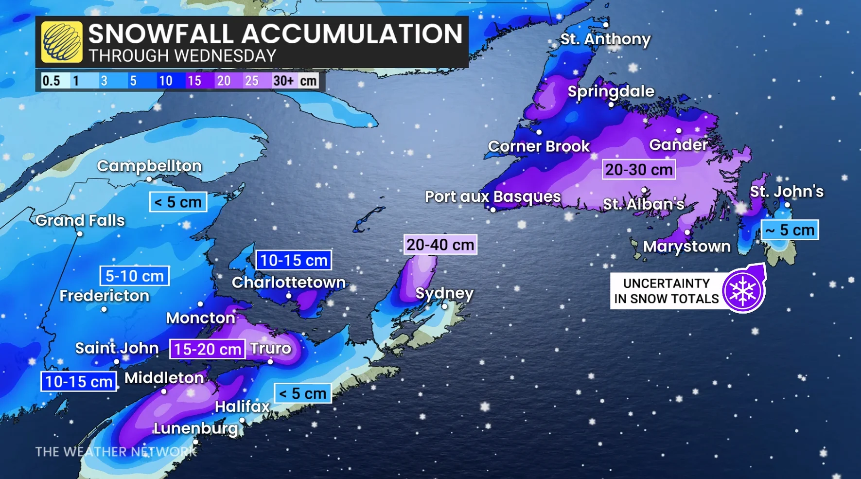 Atlantic Canada snowfall outlook through Wednesday