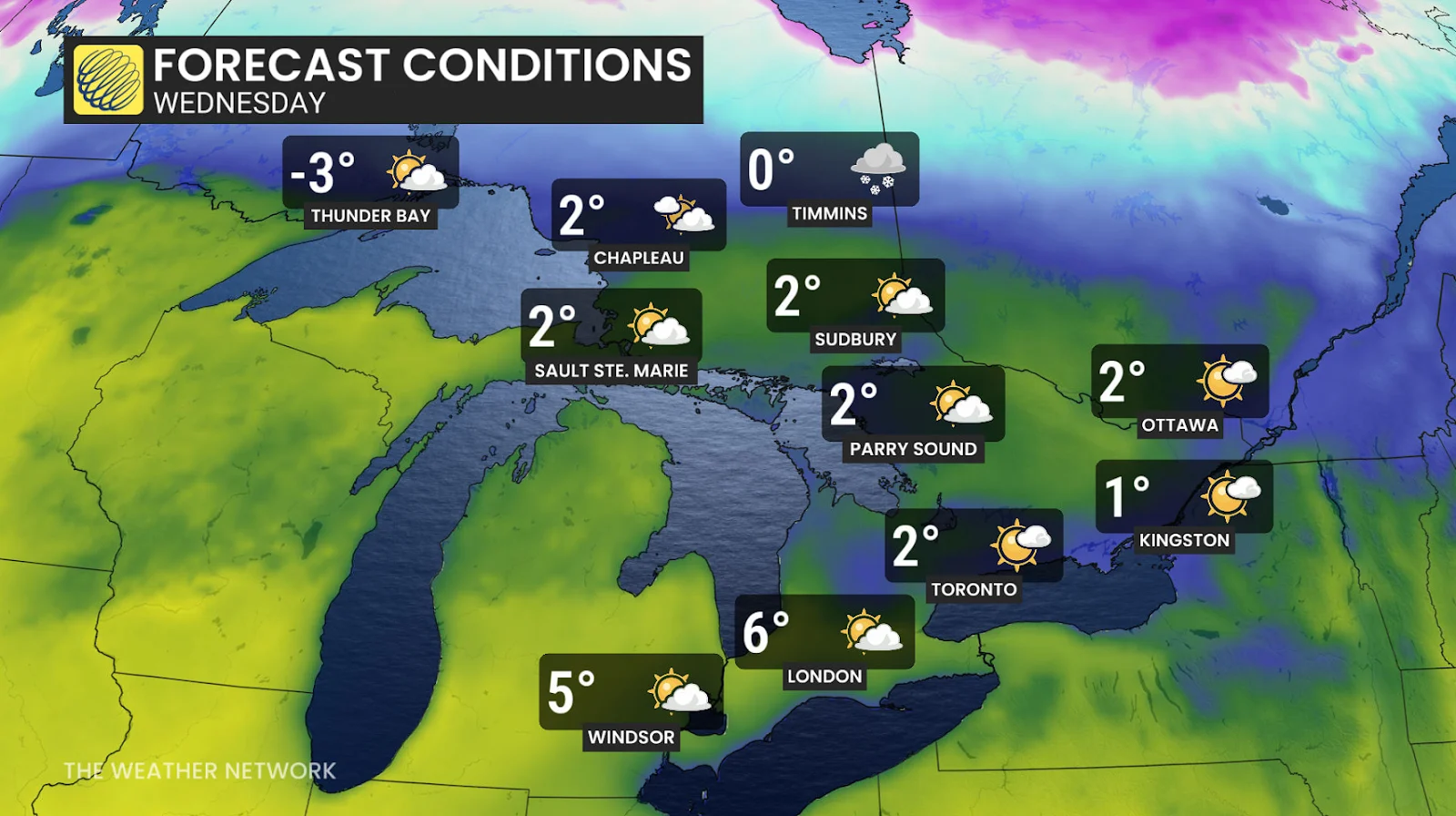 Ontario forecast conditions Wednesday