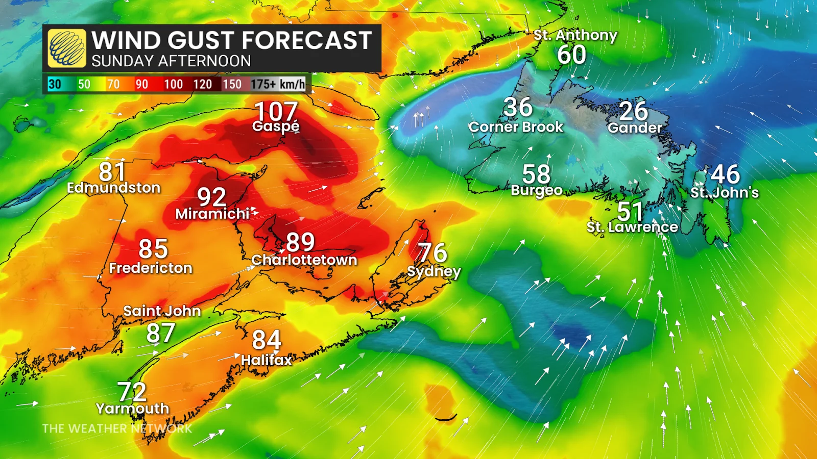 Atlantic Canada wind gusts Sunday