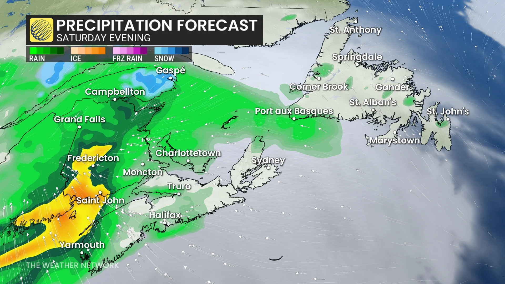 Atlantic Canada precipitation forecast Saturday evening