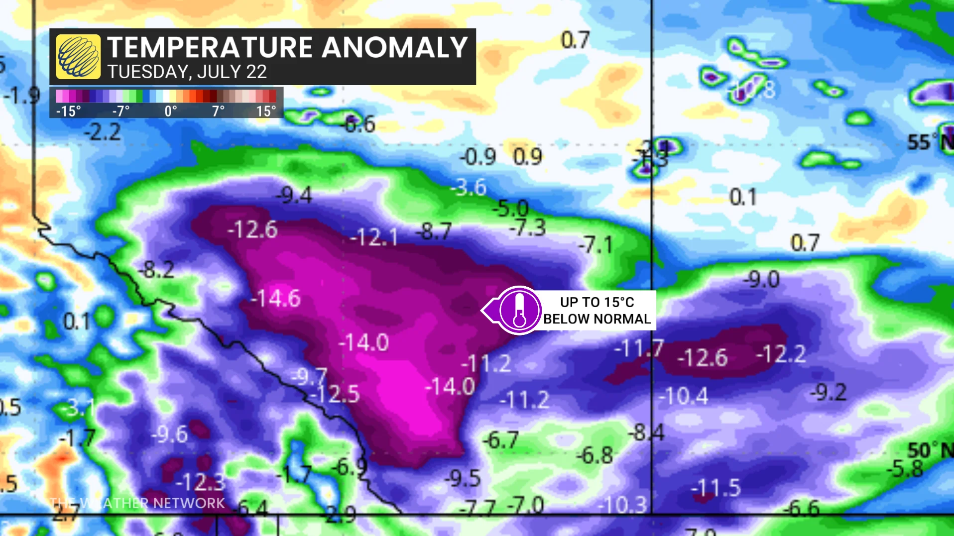 Prairies temperature anomaly for Tuesday, July 22