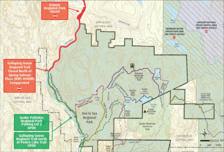 CBC: Kilometre 52 at the Salmon Place Campground, and access to Kapoor Regional Park are closed as a precaution due to the Mount Jack Wildfire on Vancouver Island. (Capital Regional District)