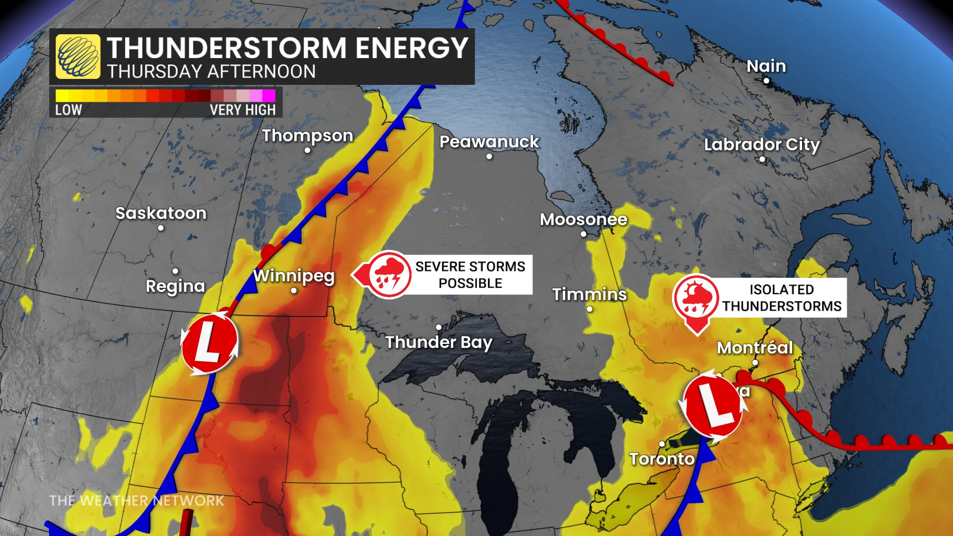 Baron - Thunderstorm energy Prairies and Ontario - Thursday afternoon - July8