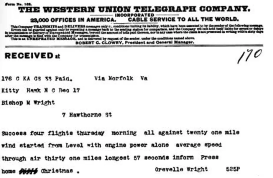 Telegraph sent from the Weather Bureau Office in Kitty Hawk by Orville Wright