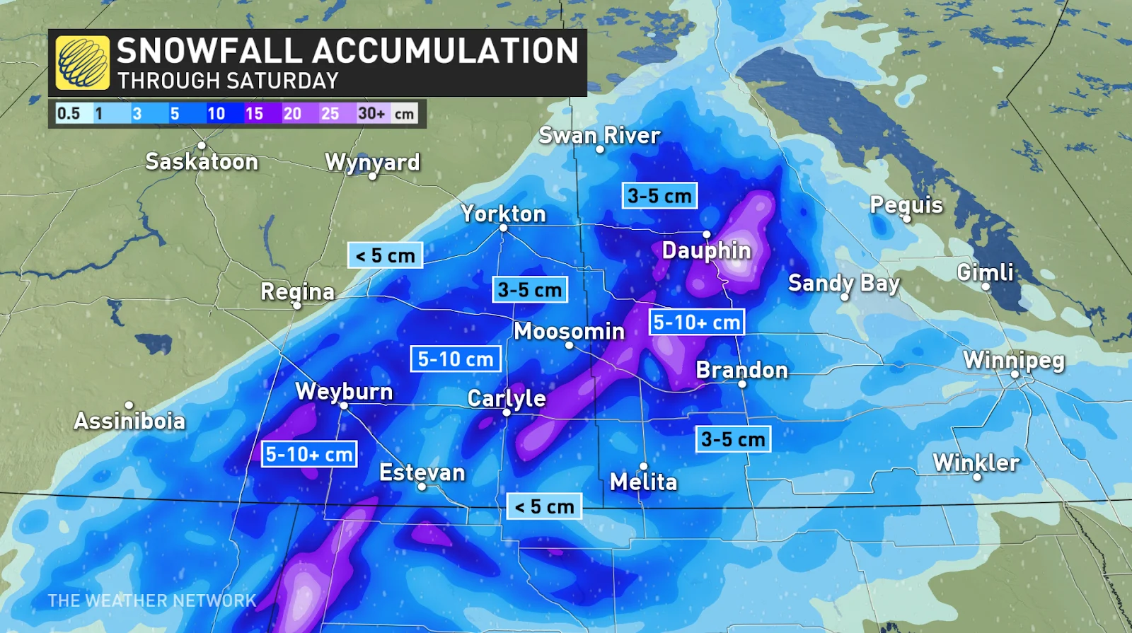 Pairie snowfall accumulation through Sat