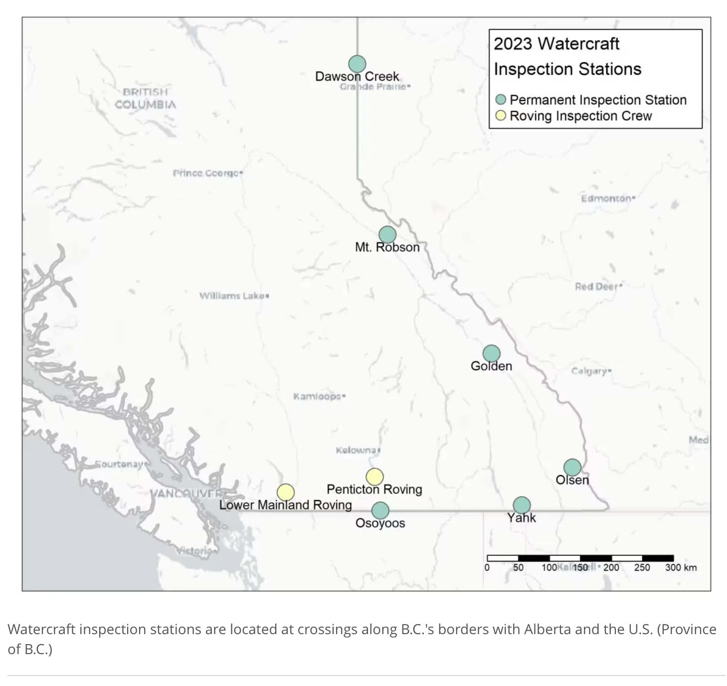 Province of B.C.: Watercraft inspection stations are located at crossings along B.C.'s borders with Alberta and the U.S. (Province of B.C.)