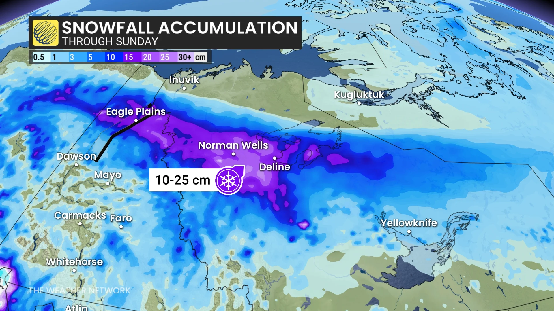 Northern Canada snowfall accumulation through Sunday