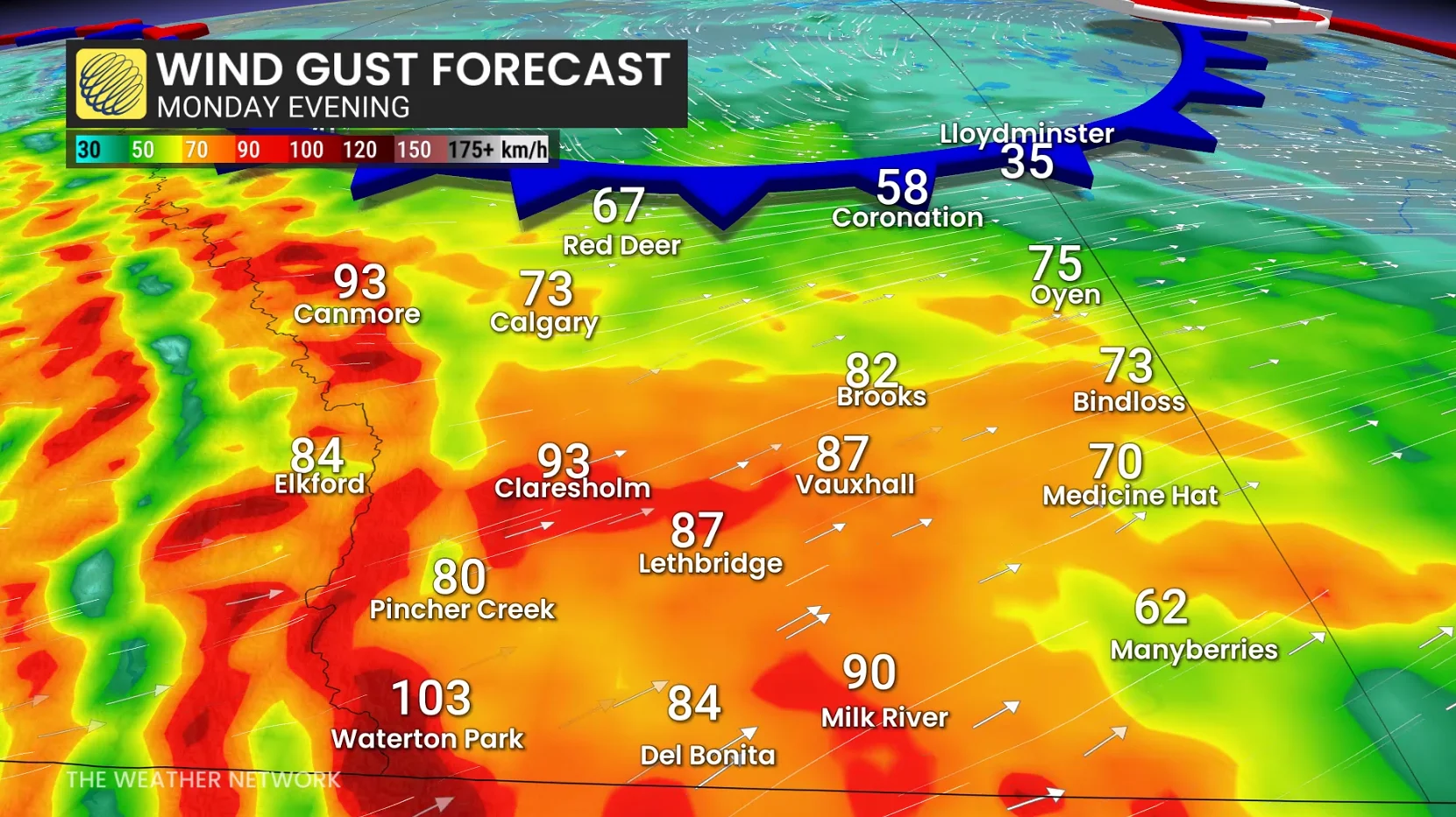Alberta wind gusts Monday evening
