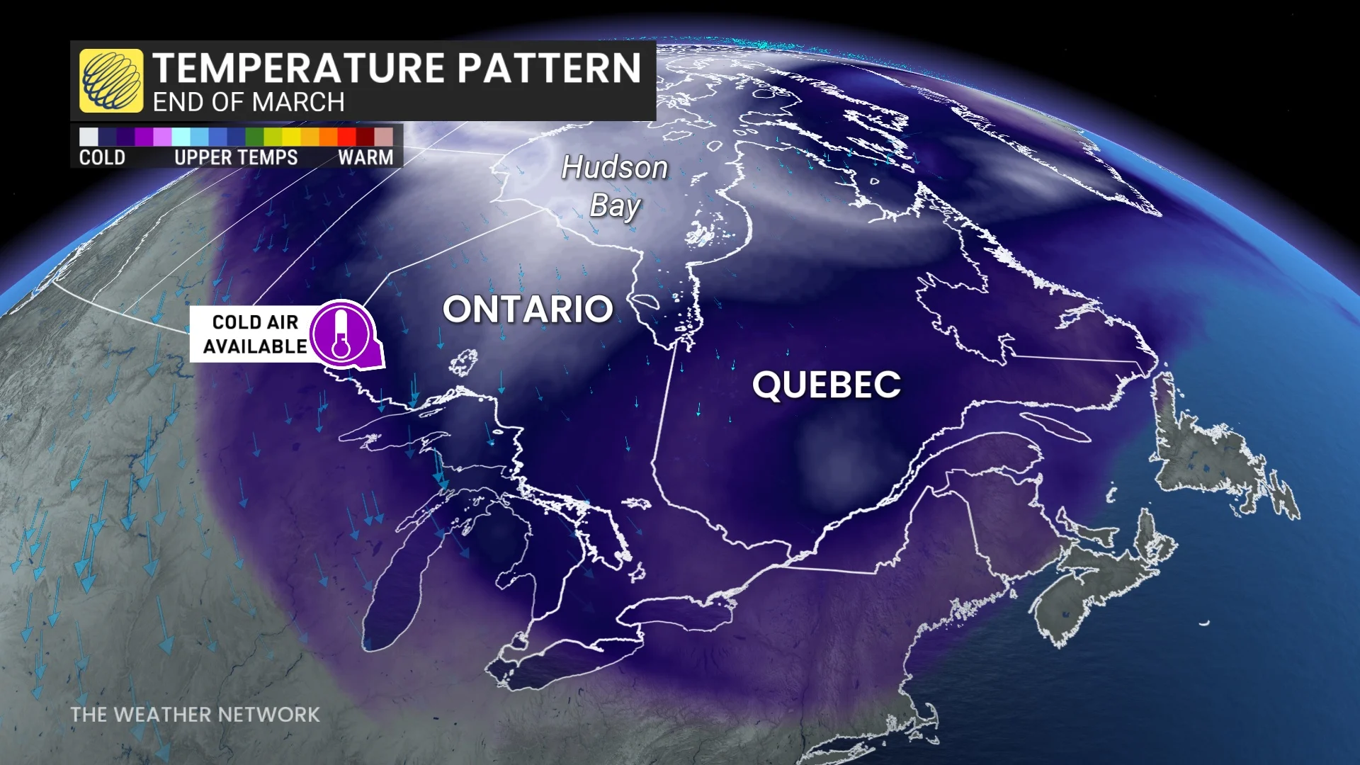 Temperature pattern Ontario and Quebec end of March