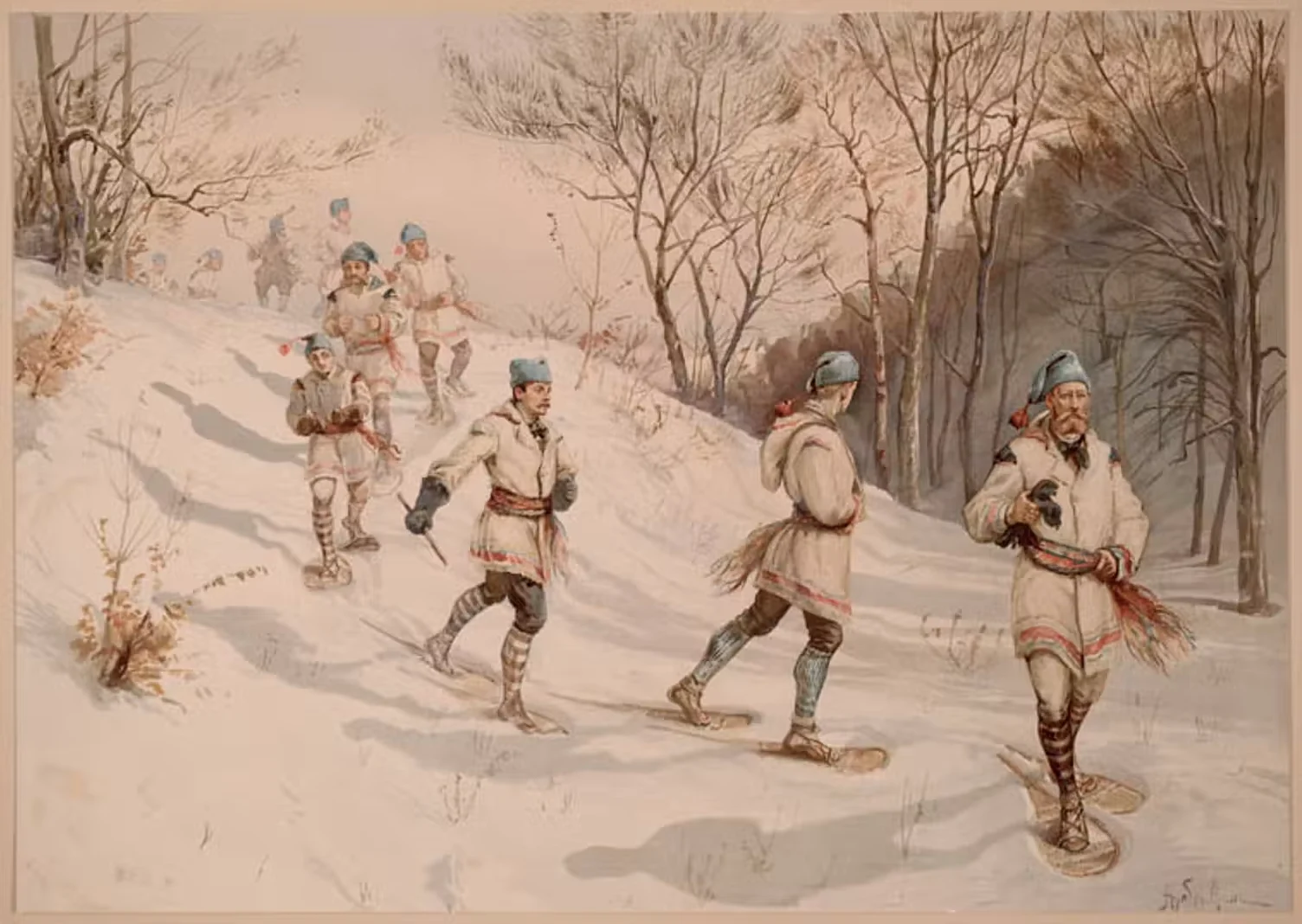 Lithograph on wove paper of ‘Snowshoeing Club of Montréal.’ Several men are depicted walking in the snowy woods with snowshoes. Henry Sandham (1842-1910)/Library and Archives Canada, Acc. No. R9266-1432, CC BY-NC
