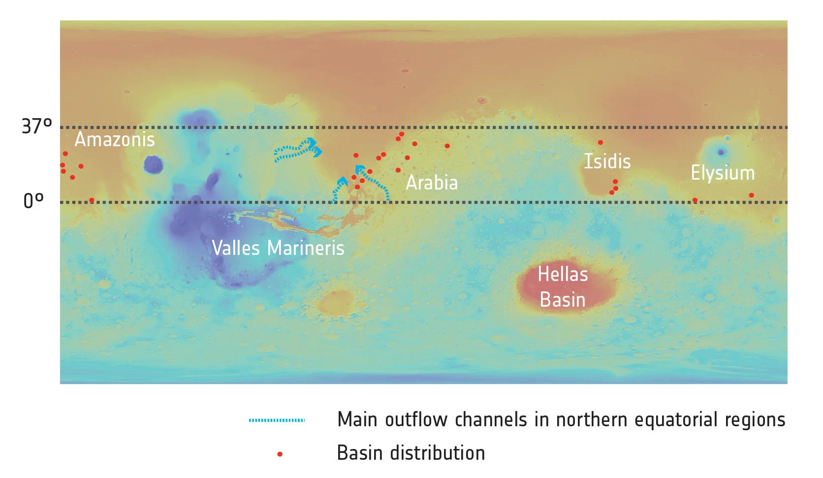Distribution of once-watery basins on Mars