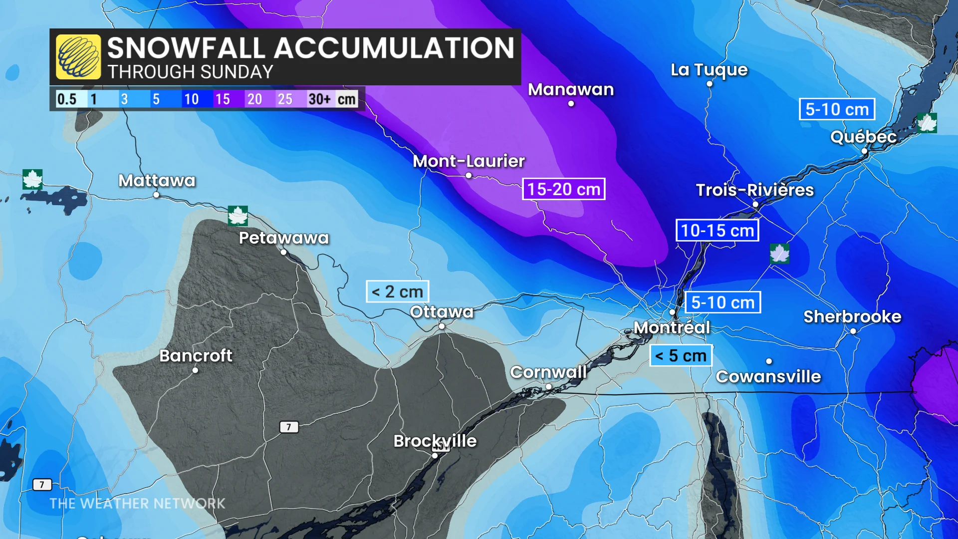 Ontario-Quebec snowfall through Sunday