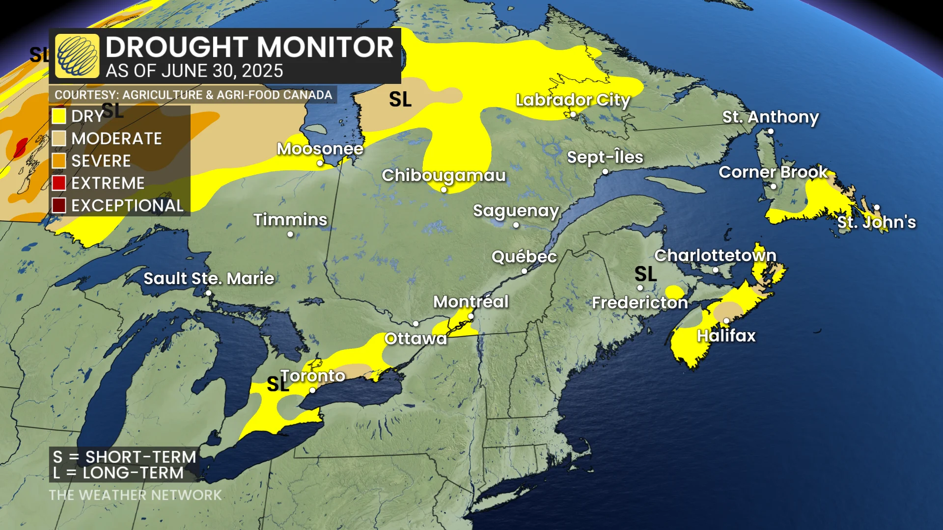 Eastern Canada drought monitor as of June 30, 2025