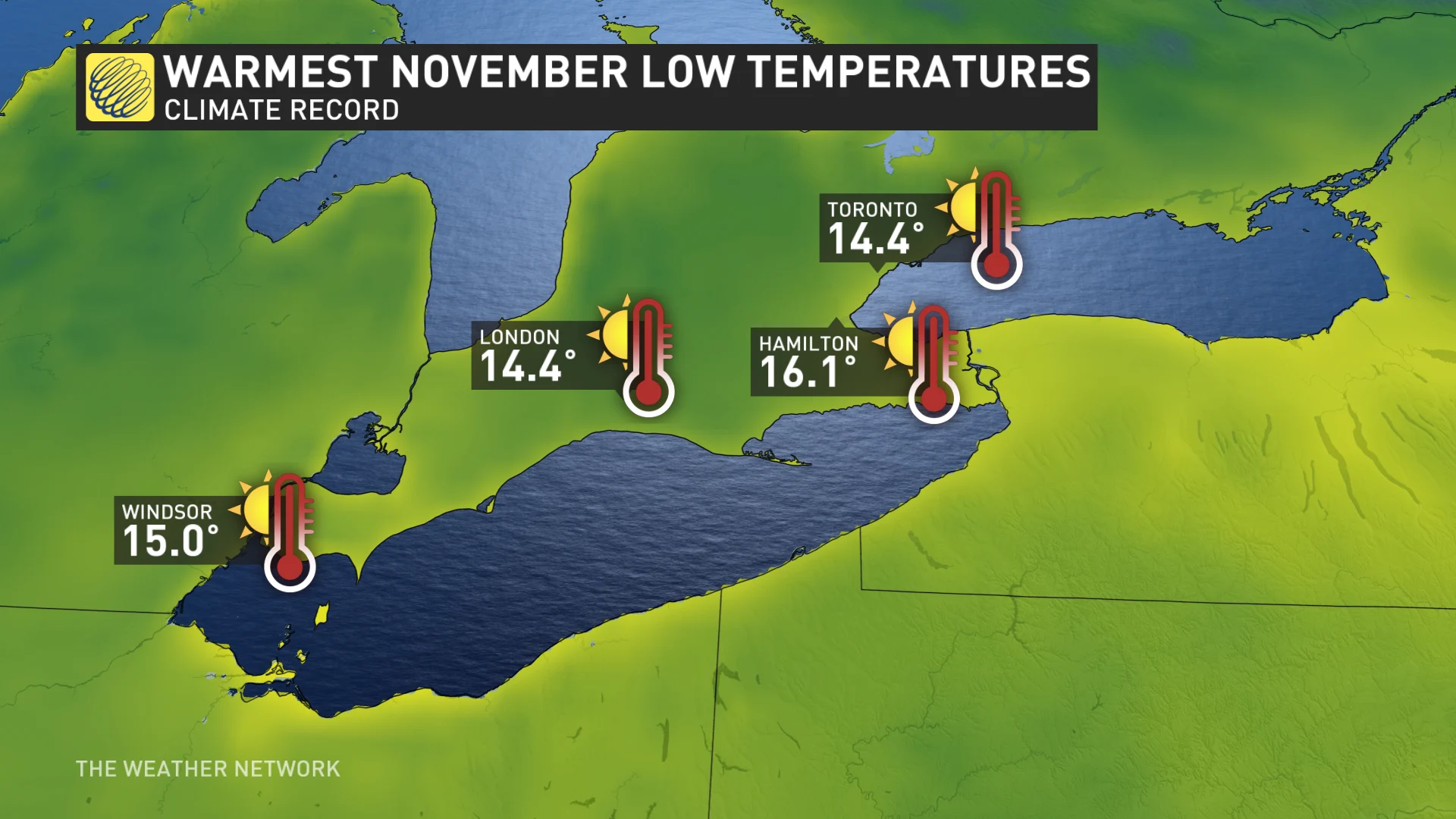 Warmest November low temperatures in southern Ontario