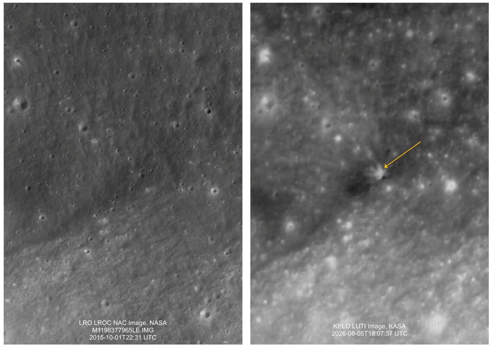 REUTERS: A composite of satellite images shows the surface of the moon before (left), October 1, 2015, and after the crash (right) of the second stage of a SpaceX Falcon 9 rocket, which was launched from Firefly Aerospace towards the moon in January 2025, August 5, 2026. NASA via KARI/KASA and KARI/KASA/Handout via REUTERS