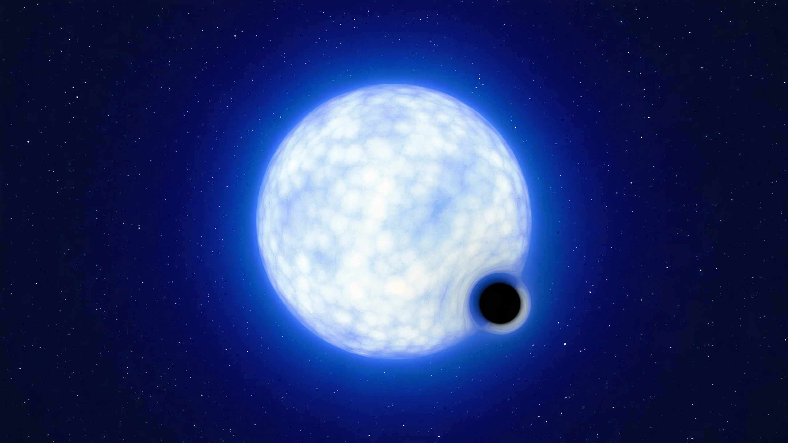 This artist's illustration shows what this binary system VFTS 243 probably looks like, with a small black hole companion orbiting around a giant bright blue star. Credit: ESO/L. Calçada