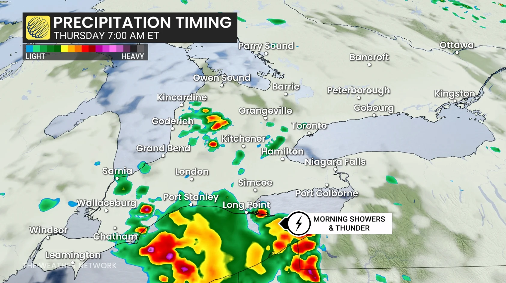 Ontario precipitation timing Thursday morning