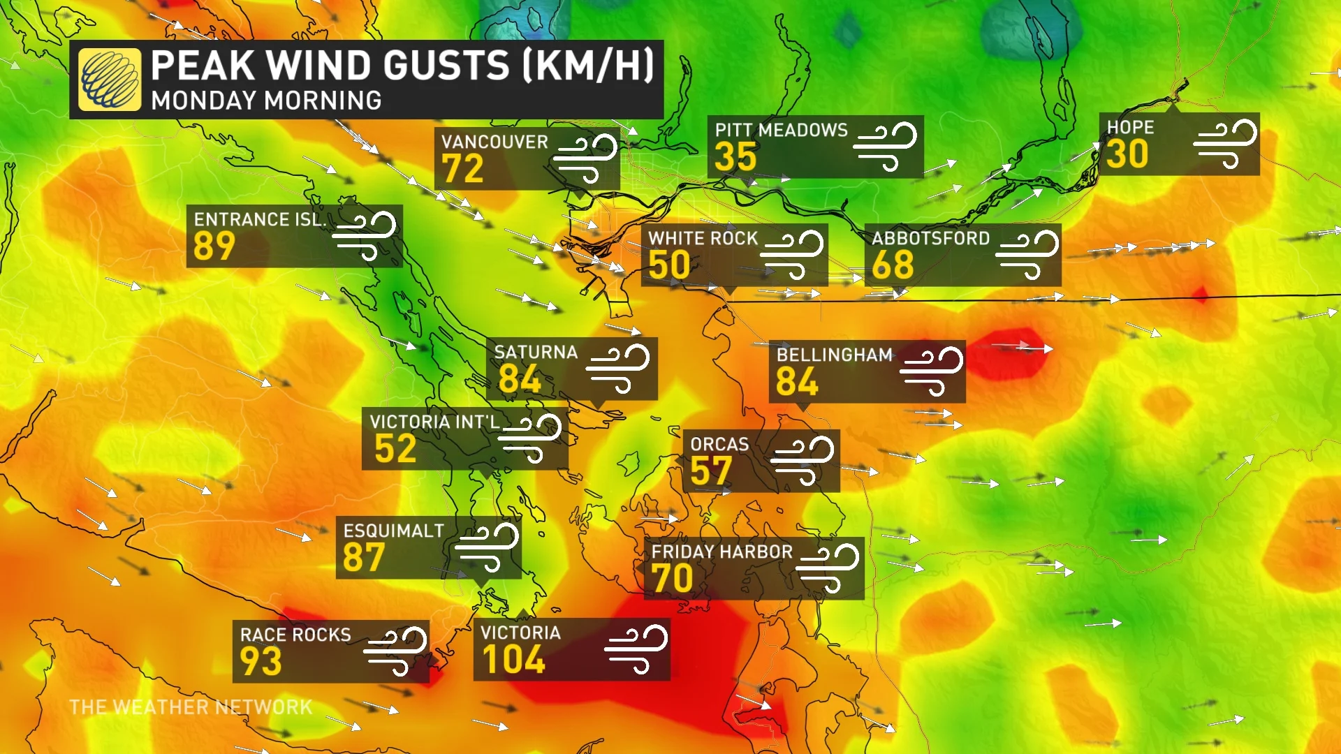 Monday morning B.C. wind gusts