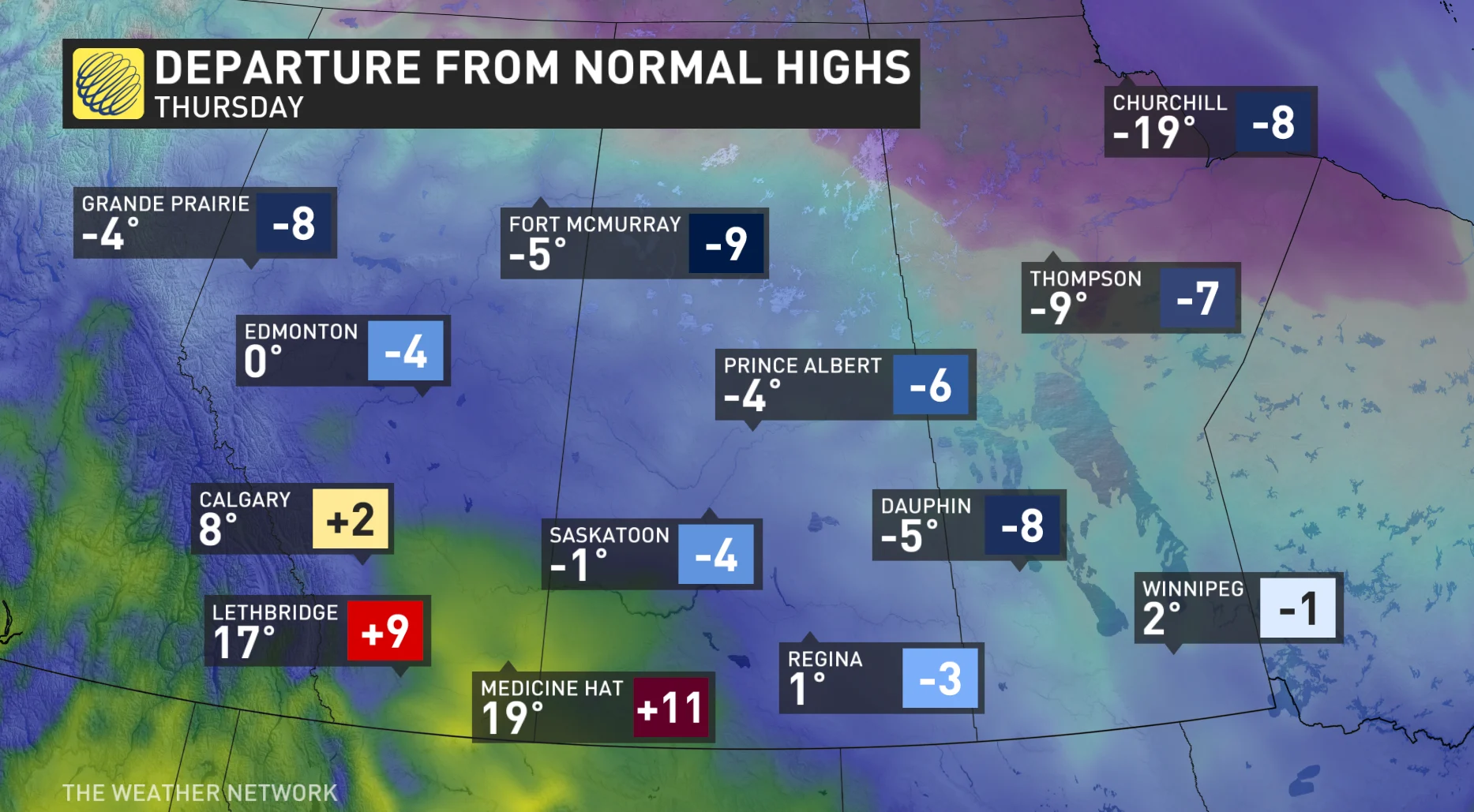 Prairies temperature departure from normal highs Thursday