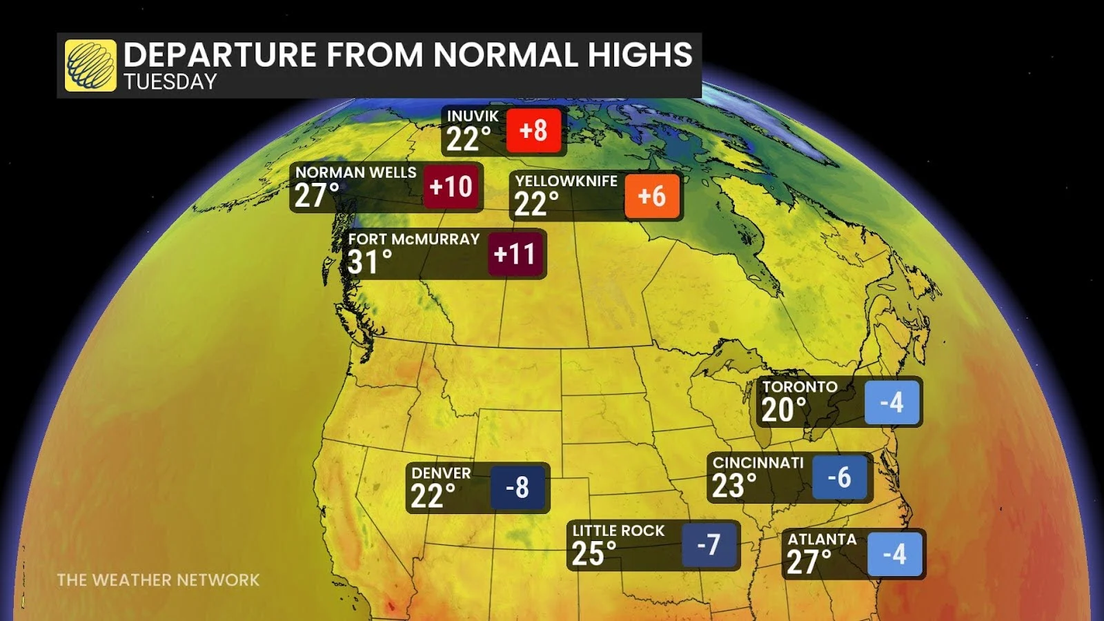 Canada/U.S. Tuesday forecast temperatures and departures - Aug. 25, 2025