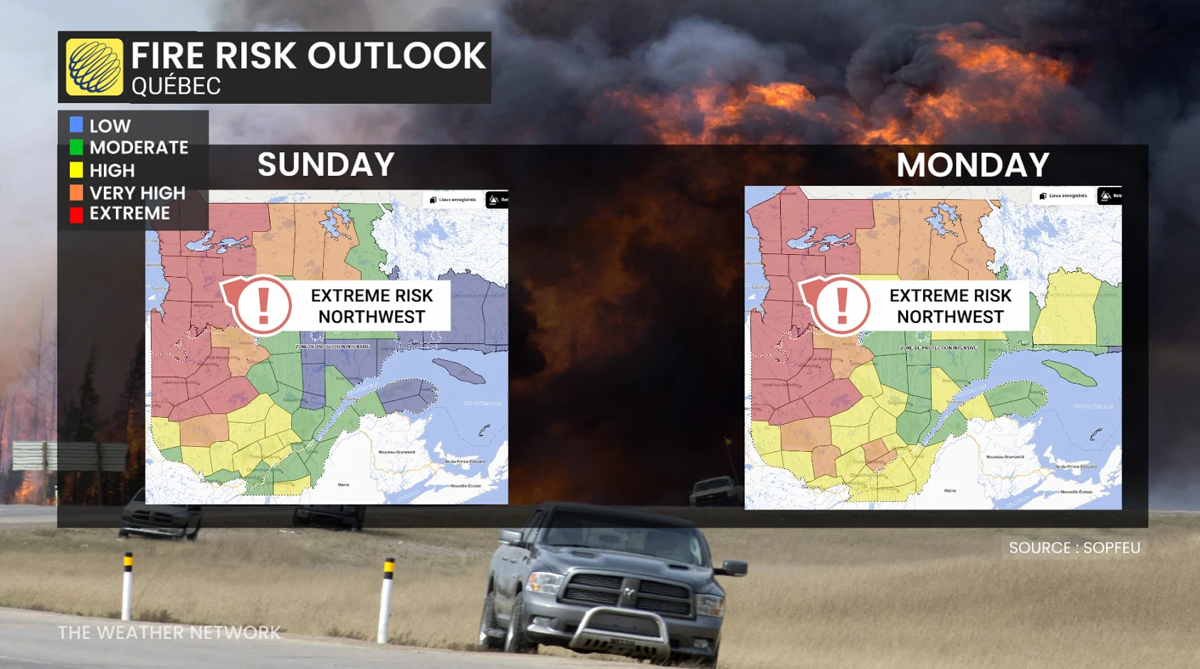 Quebec fire risk Sunday Monday